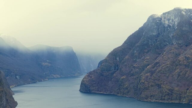 Scenic Aerial Drone view of Aurland And Sognefjorden Norway in the rain