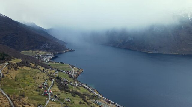Scenic Aerial Drone view of Aurland And Sognefjorden Norway in the rain