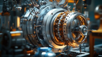 Fototapeta premium Close up Detailed Shot of Advanced Industrial Machinery Components High Tech Engineering Equipment
