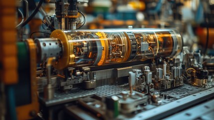 Fototapeta premium Advanced Industrial Machinery Close up Precision Engineering and Complex Mechanism in a Factory Setting