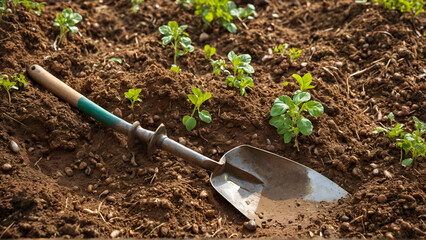 Shovel and trowel gardening tools for digging in the garden soil, Generative AI