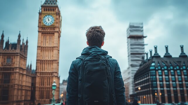 Young Man with Backpack Exploring London England near Big Ben and Parliament