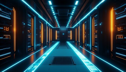 Futuristic server room or data center with glowing blue and orange neon lights.