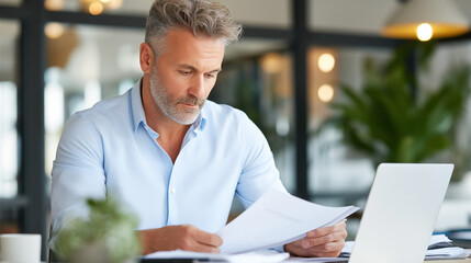 Fototapeta premium Focused Latin Businessman Reviewing Financial Documents in Office