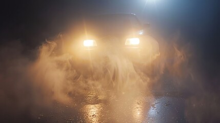 Fototapeta premium A car drives through a dark and foggy forest at night. The headlights of the car are on, and the fog is illuminated by the light.