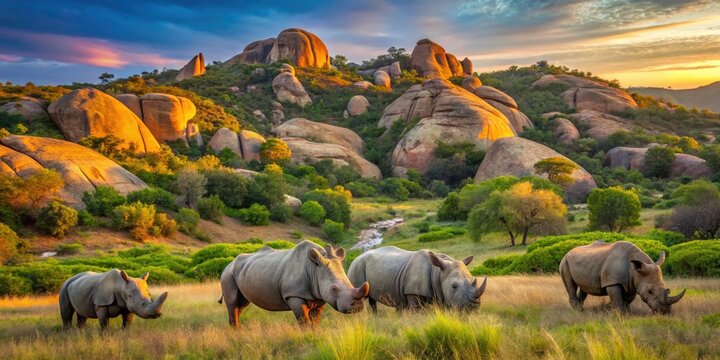 Stunning Panoramic View of Rhinos in Matobo National Park, Zimbabwe - Wildlife Photography, Natural Habitat, Conservation, African Safari, Endangered Species, Scenic Landscape