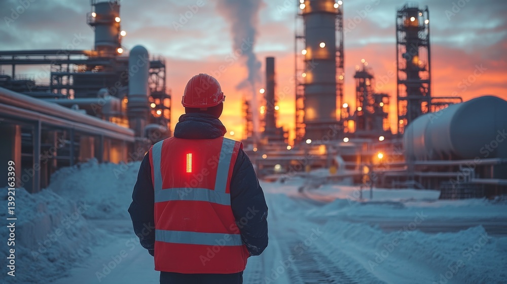 Aufkleber A worker in a safety vest observes a busy construction site during sunset. The area features ongoing mining and extraction operations with towering structures and winter conditions.