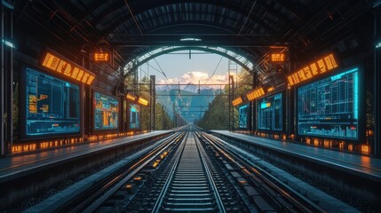 Fototapeta premium Futuristic Train Station Platform with Digital Displays Showing Data and Mountain View