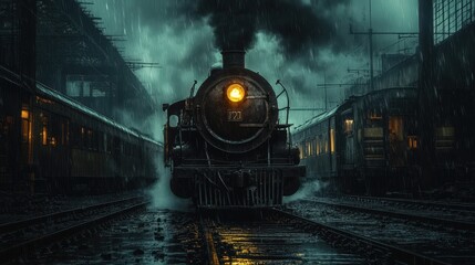 Vintage Steam Locomotive Arriving at Station During a Heavy Rainstorm at Night