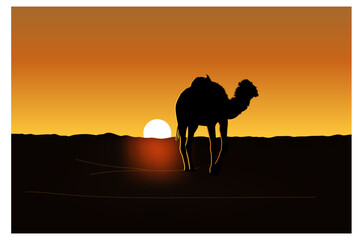 camel, desert, sunset, silhouette, sun, animal, sand, nature, safari, vector, landscape, illustration, sky, travel, Sahara, giraffe, camels, Egypt, tree, dune, sunrise, animals, Arab, mammal, summer