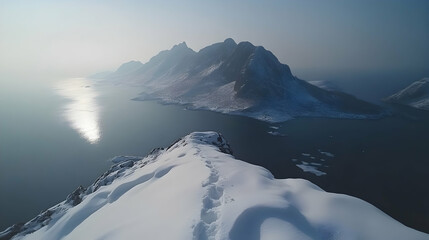 Snowy mountain peak, coastal view, winter hike
