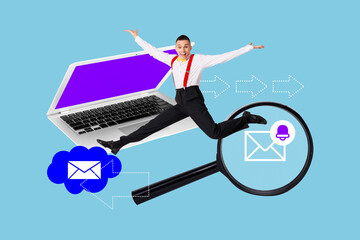 Pop trend collage of business person jumping happy above computer with letters notification