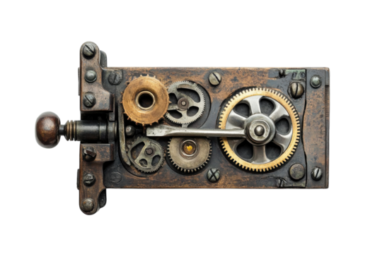 Intricate antique gear mechanism wooden base metallic gears detailed craftsmanship close up view isolated on transparent background - Powered by Adobe