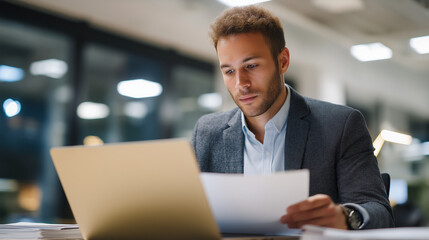 Young Latin Businessman Reviews Legal Documents in Modern Office