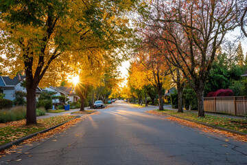 Fototapeta premium Sunlight filters through vibrant autumn leaves lining a peaceful neighborhood street, creating a picturesque autumn evening atmosphere
