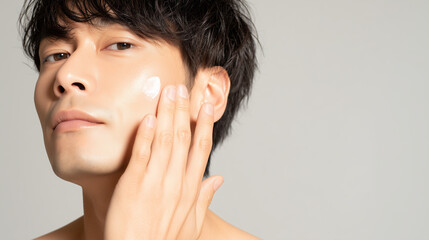 クリームを頬に塗りこむ若い男性の美肌ケア | クリアな素肌