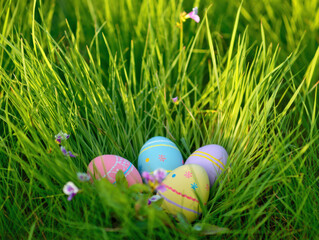Colorful Easter Eggs Hidden in Lush Green Grass, Spring