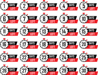 Set of countdown days to go poster. Left 1 to 30 days. Countdown to deadline vectors. Count time display with numbers. Sales, promotion clock signs business concept isolated on transparent background.