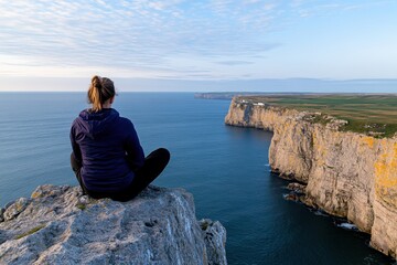 Naklejka premium A person sits cross-legged on a cliff, gazing out over the vast ocean, embodying the spirit of adventure and tranquility while connecting with the surrounding landscape.