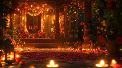 Obraz premium A beautifully illuminated temple decorated with flowers and candles