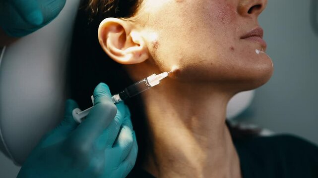 Attractive young woman is getting a rejuvenating facial injections at beauty clinic. The expert beautician is filling female wrinkles with botulinum toxin injections or hyaluronic acid fillers.