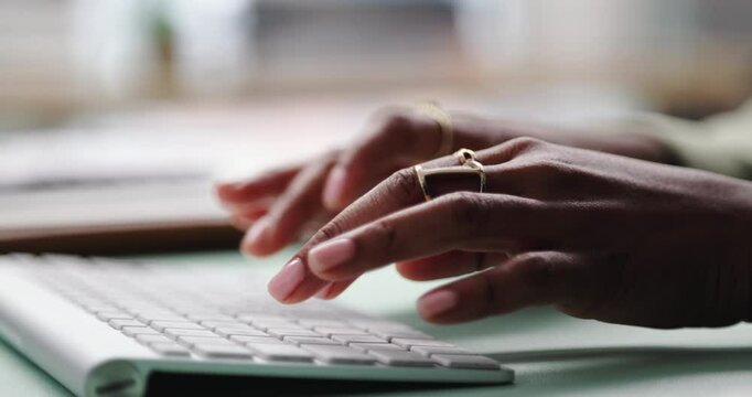 Person, hands and typing on keyboard for email, spreadsheet and proposal or application for office work. Woman, online and technology with business task for drafting, digital notes and report
