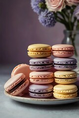 A plate of assorted colored macarons is displayed on a table