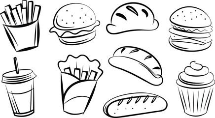 Fast Food Icons Burgers, Fries, Hot Dogs, Soda, Cupcakes
