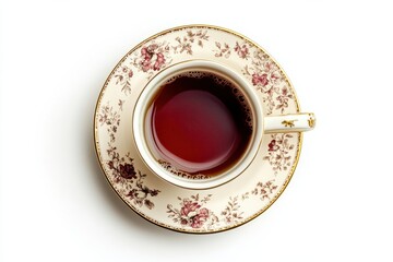 Aromatic black tea in vintage floral teacup elegant saucer warm lighting isolated on transparent background