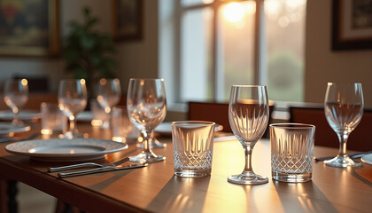 Elegant dining table setting with sparkling glasses at sunset  