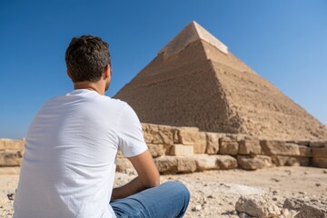 A solitary figure gazes at the majestic Pyramid of Giza, one of the Seven Wonders of the Ancient World, reflecting on its grandeur and the rich history it represents.