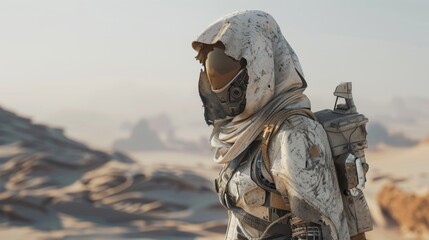 Fototapeta premium Desert survivor navigating a wasteland in search of relics under a relentless sun