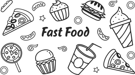 Fast Food Icons Pizza, Burger, Cupcakes, Soda, Ice Cream