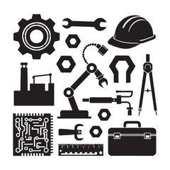 A vector illustration of 10 bold silhouette engineering icons in black on a white background.
