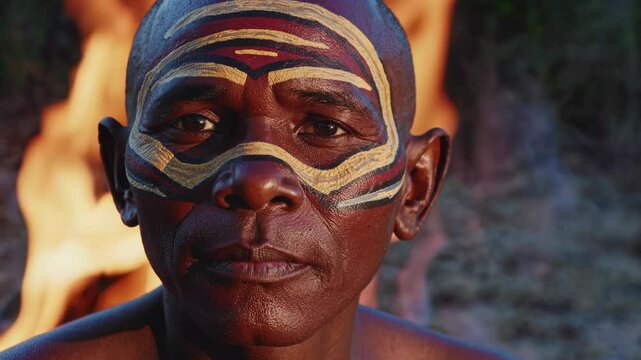 Aboriginal man portrait with fire backdrop