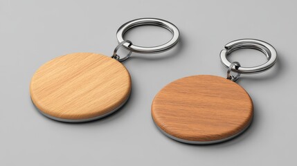 Wooden keychains with metal rings, ideal for home, car, or office accessories. Realistic 3D vector mockup. 