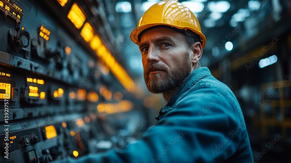 Poster worker in a hard hat operates control panels at a mining site, monitoring vital equipment and ensuri
