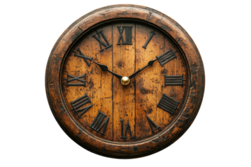 Rustic Wooden Wall Clock with Roman Numerals Aged Patina Dark Wood Frame Timepiece isolated on transparent background