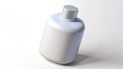 "Mockup de frasco branco minimalista com tampa prateada, ideal para sabonete l&iacute;quido. Fundo suave e elegante, com espa&ccedil;o central para aplica&ccedil;&atilde;o de logotipo ou arte da marca em estilo clean."