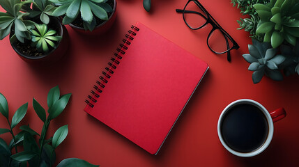 A red notebook on a red table with coffee, glasses, and green plants