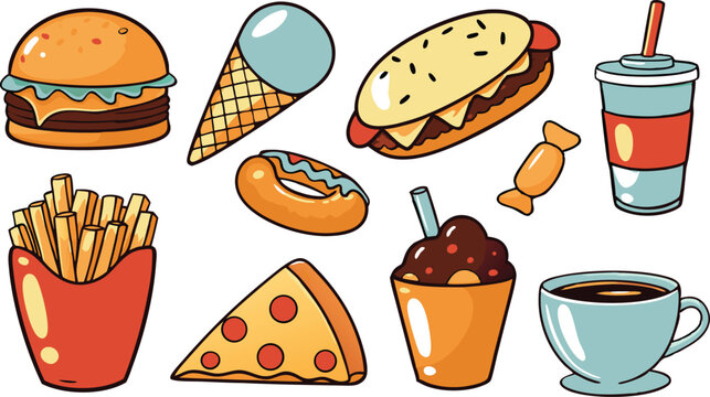 Delicious Fast Food Icons Burgers, Fries, Pizza, Ice Cream