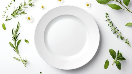 Empty white plate surrounded by fresh herbs and flowers