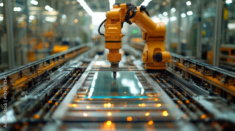 Aufkleber a robotic arm operates on a glass sheet within a manufacturing facility, showcasing advanced technol
