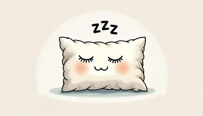 Cute cartoon pillow symbolizing sleep, rosy cheeks and cozy vibes