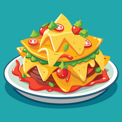 Crunchy Nachos with Cheese Sauce and Herbs on Plate as Traditional Mexican Dish Vector Illustration