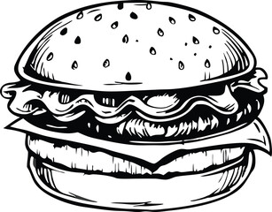 Delicious HandDrawn Burger Sesame Bun, Juicy Patty, Cheese