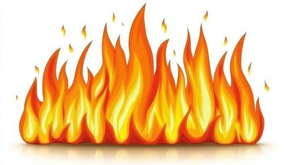 Burning fire illustration with vibrant orange and yellow flames on a white backdrop