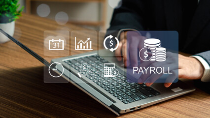 Payroll Management and Financial Processing System. payment of salaries to employees. Businessman...