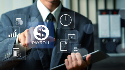 Payroll Management and Financial Processing System. payment of salaries to employees. Businessman...