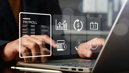 Payroll Management and Financial Processing System. payment of salaries to employees. Businessman works on payroll management with icons for payment, scheduling, and efficient payroll operations.